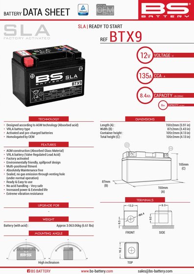 YP 250 R RA X MAX (2005 - 2016) btx9 sla 12v 135 a battery | BS BATTERY