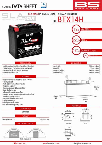 YFM 660 R RAPTOR (2001 - 2005) btx14h sla max battery | BS BATTERY