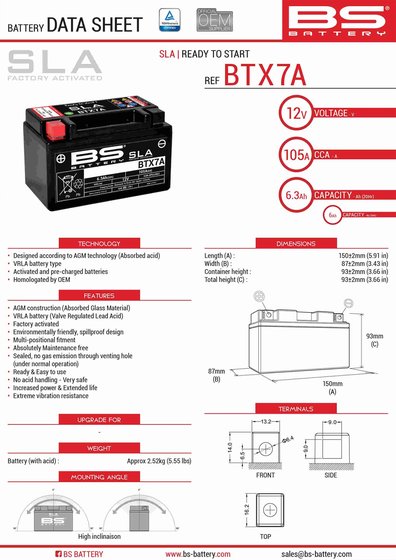 YJ 125 VINO (2004 - 2010) btx7a sla 12v battery | BS BATTERY