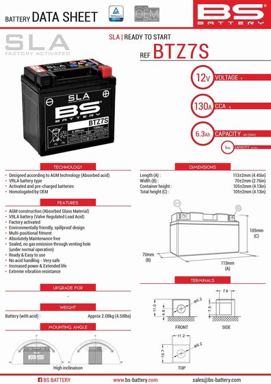 MW 125 TRICITY (2014 - 2020) btz7s sla battery | BS BATTERY