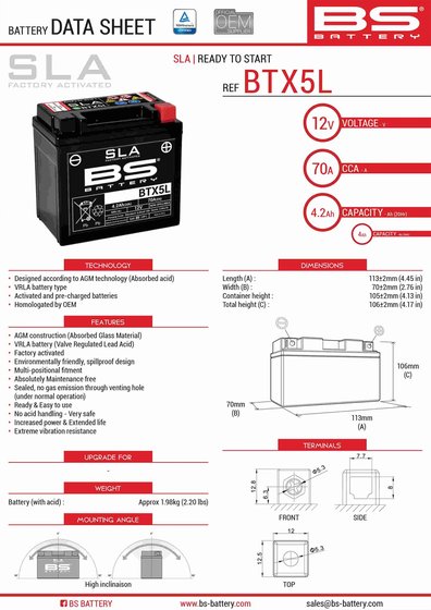 WR 250 R (2008 - 2018) btx5l/btz6s battery | BS BATTERY