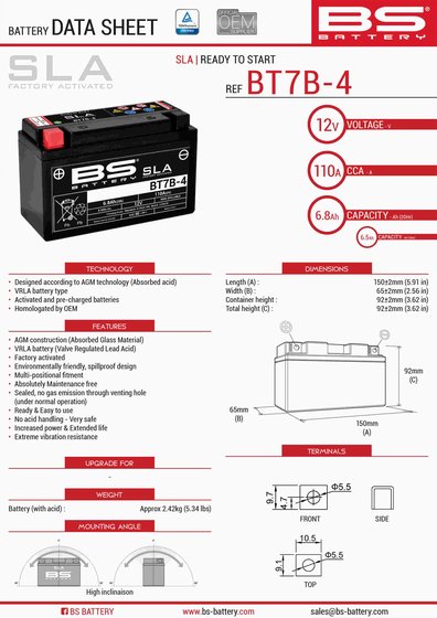 XC 125 (2007 - 2017) bt7b-4 sla 12v 105 a battery | BS BATTERY