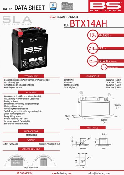 YFM 350 WOLVERINE (1995 - 2009) btx14ah sla 12v 210 a battery | BS BATTERY