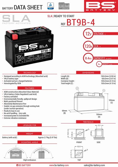 XP 500/530/560 T-MAX (2001 - 2007) bt9b-4 sla 12v 120 a battery | BS BATTERY