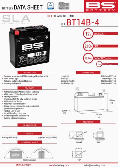 FJR 1300 (2001 - 2022) bt14b-4 sla 12v 210 a battery | BS BATTERY