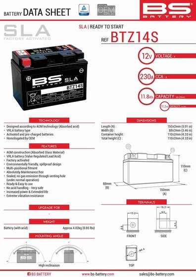 XVS 950 A MIDNIGHT STAR (2009 - 2017) btz14s sla battery | BS BATTERY