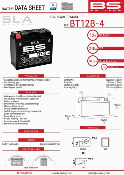 XVS 650 DRAG STAR CLASSIC (1998 - 2011) bt12b-4 sla 12v 210 a battery | BS BATTERY