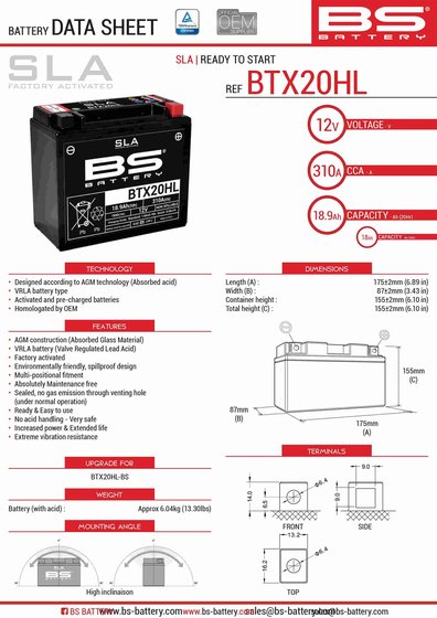 YFM 400 KODIAK (1996 - 2002) btx20hl sla battery | BS BATTERY