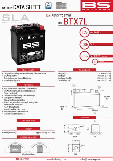 YZF R3 (2015 - 2019) btx7l sla 12v battery | BS BATTERY