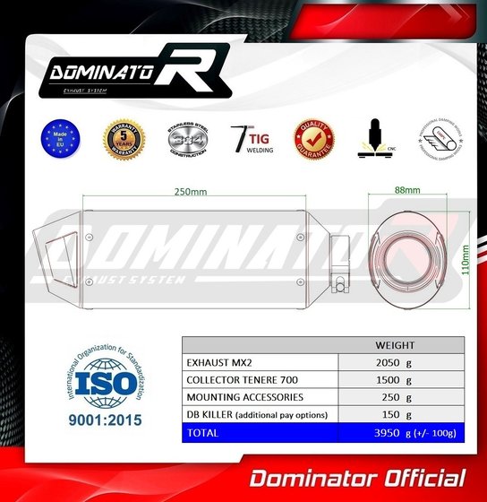 TENERE 700 (2019 - 2020) full exhaust system silencer mx2 | Dominator