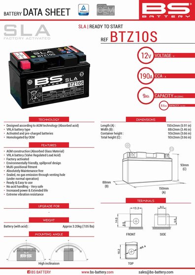 MT 09 (2014 - 2022) btz10s sla akumuliatorius | BS BATTERY