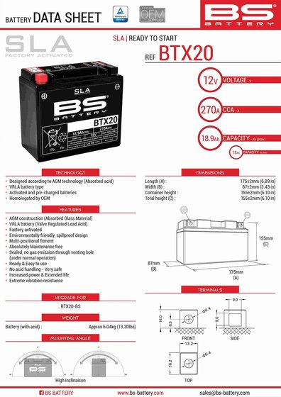 SIDEWINDER TX (2017 - 2018) btx20h sla akumuliatorius | BS BATTERY