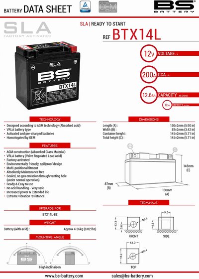 PHAZER 500 (1999 - 2018) btx14 sla 12v battery | BS BATTERY