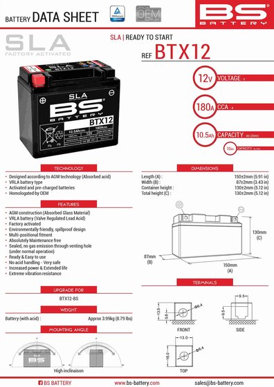 XVS 650 DRAG STAR (1996 - 2016) btx12 sla battery | BS BATTERY